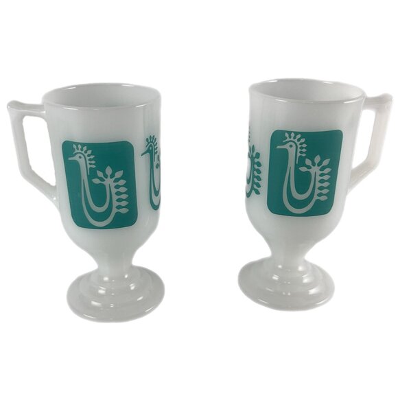 Set of 2 Vintage Federal Milk Glass Pedestal Mugs, Turquoise "Danish Rooster" - Picture 1 of 7